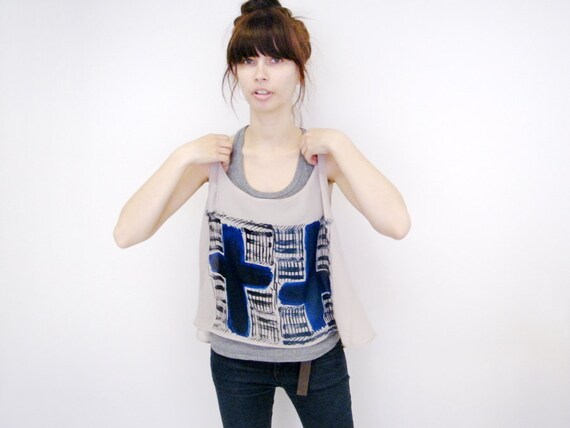 Inverted Cross Printed Sheer Tank Top Occult Shirt Hand Print Geometric Abstraction Crop Top Black and Blue Print Striped Beige Chiffon