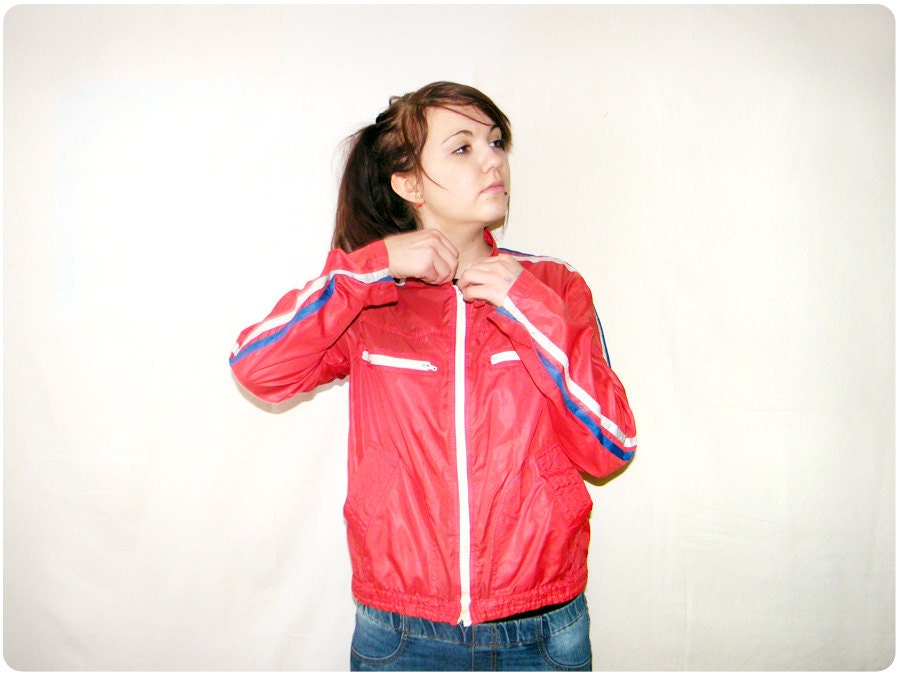 Red Retro Biker Jacket - Zip Up Jogging Jacket with Red Blue White Stripes White Zipper Hot Ride Style