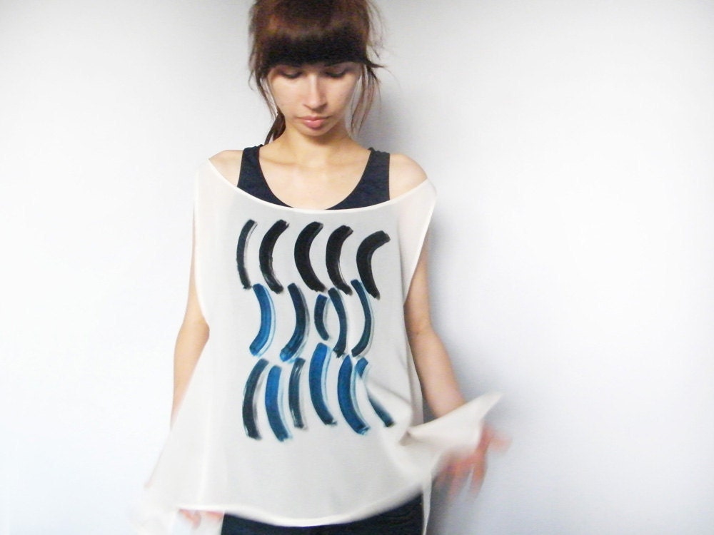 RESERVED for A - Blue Crescent Moon Print Sheer Tank Top Occult Zen Minimalist Geometric Abstraction Ivory Chiffon Tee Blue Hand Printed Top