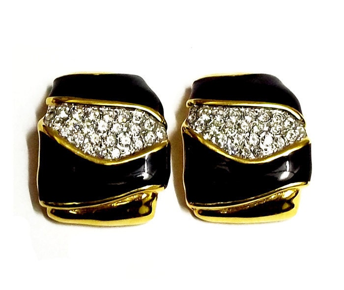 80s Essex Black Enamel And Rhinestone Clip On Earrings