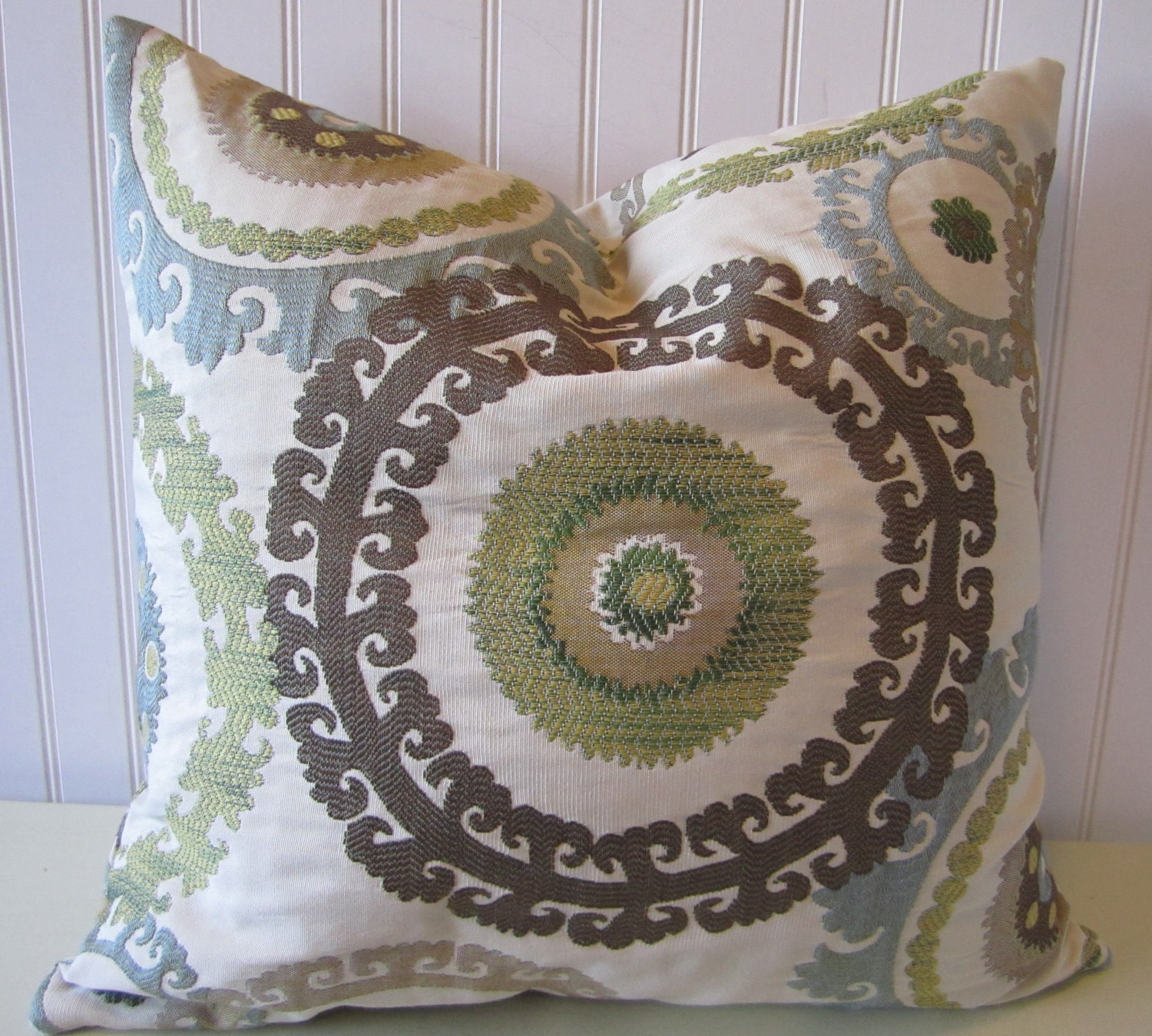 Suzani Decorative Pillow Cover--20 x 20 Gorgeous Throw Pillow--Slate Blue, Green, Taupe, Cream, Brown