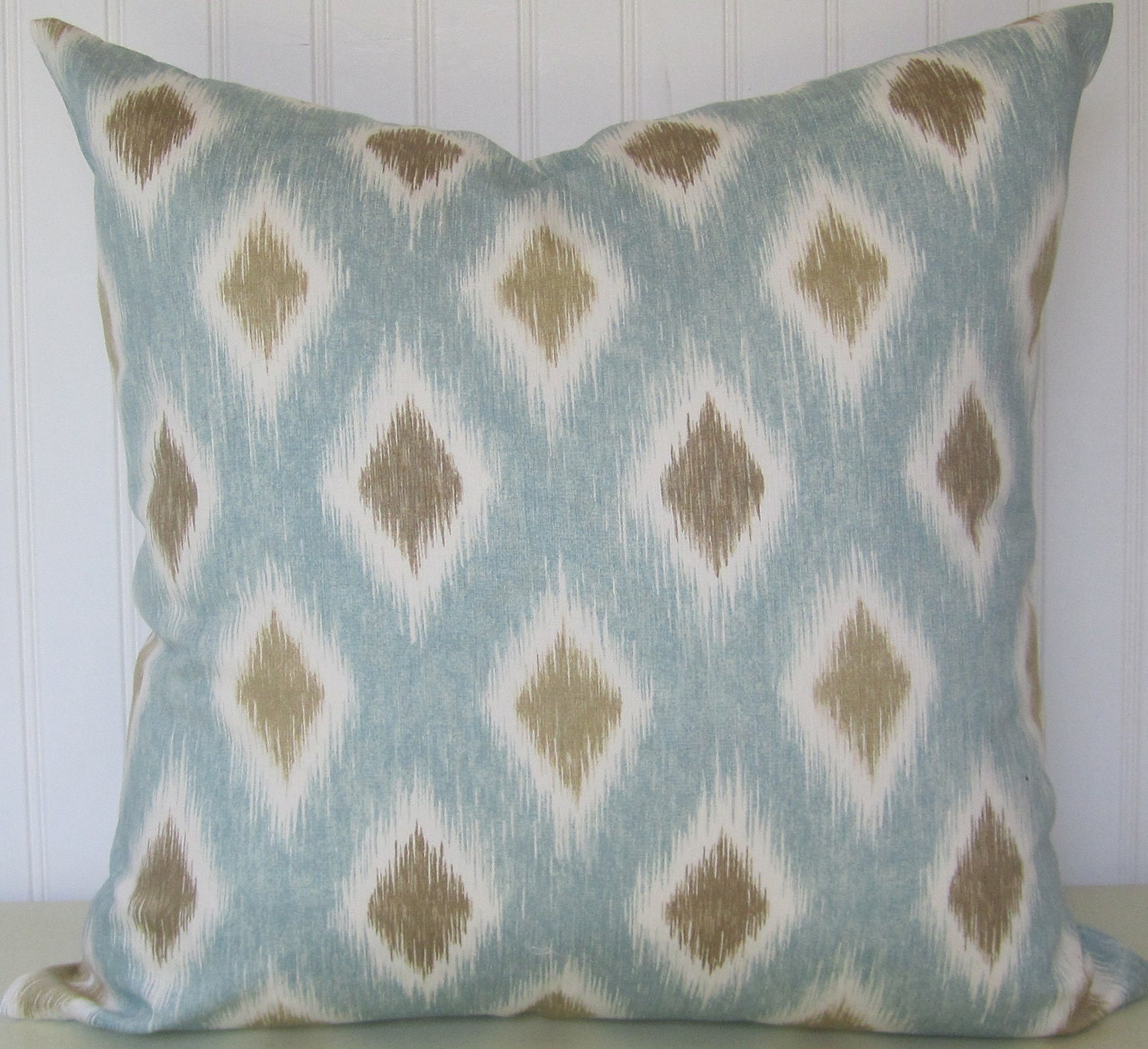 Ikat Decorative Pillow Cover--20 x 20--Contemporary Accent Pillow-- Light Blue, Soft Brown, Gold, White