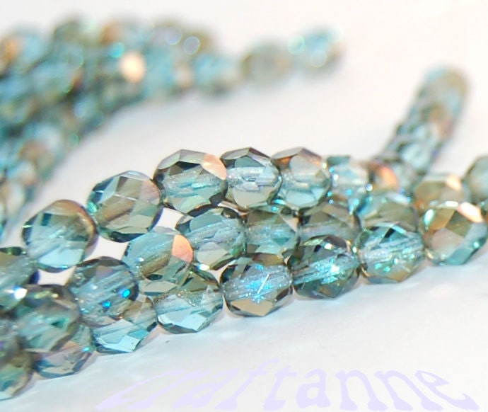 6mm Aquamarine Celsian Teal Blue Green Firepolish Czech Glass Fire Polished Beads, Two Strands (Approx. 50 Beads) and Free Shipping - craftanne