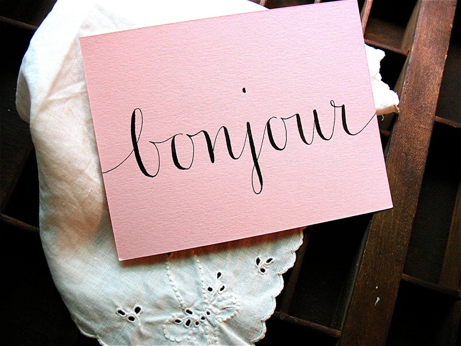 BONJOUR CALLIGRAPHED POSTCARD w/Vintage Postage - Ready to Mail