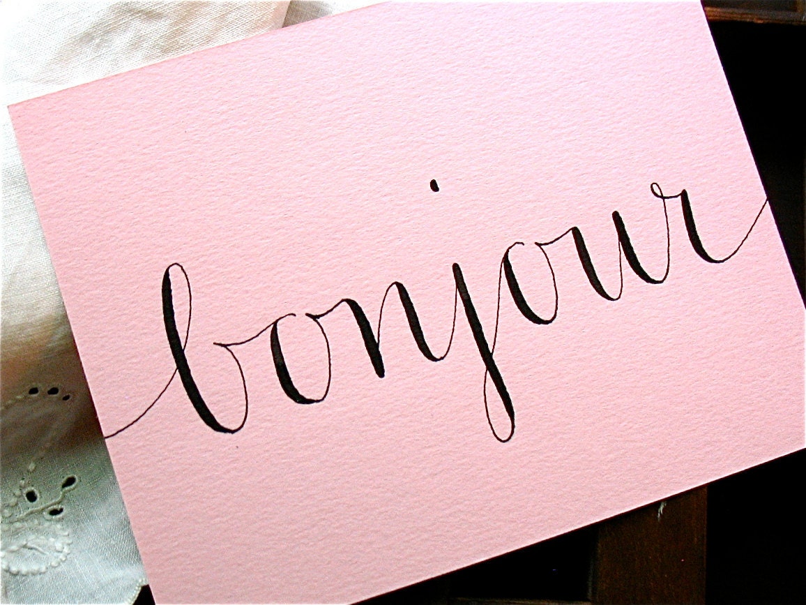 BONJOUR CALLIGRAPHED POSTCARD w/Vintage Postage - Ready to Mail