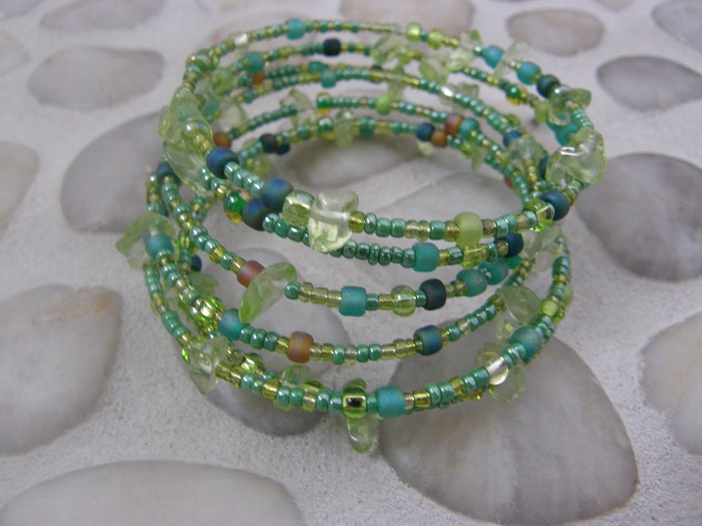 Shades of Green Memory Wire Beaded Bracelet