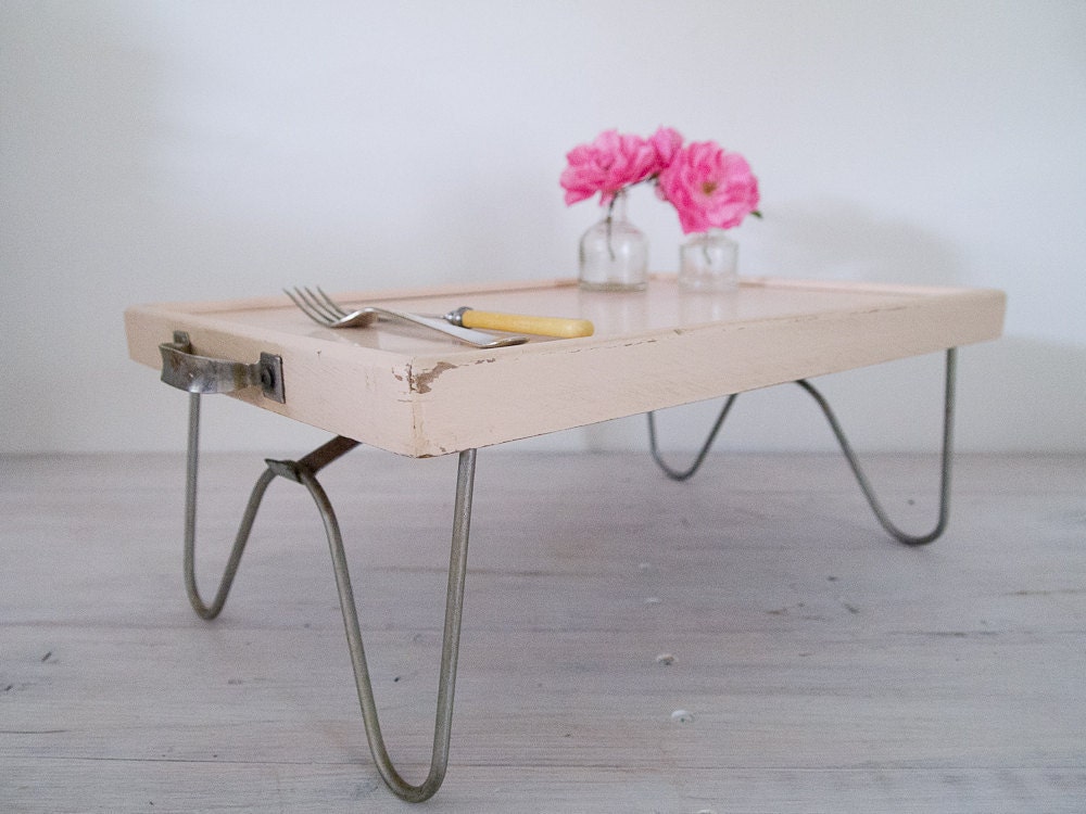 vintage cream folding breakfast tray table with metal by epochco