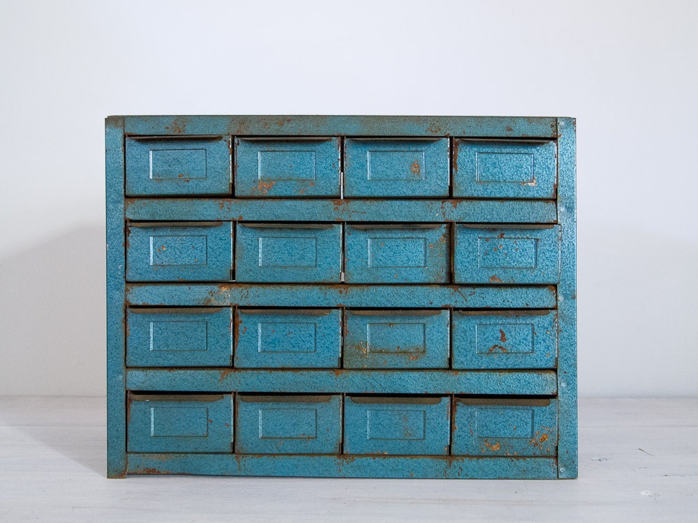 vintage industrial metallic blue metal storage cabinet with 16 drawers