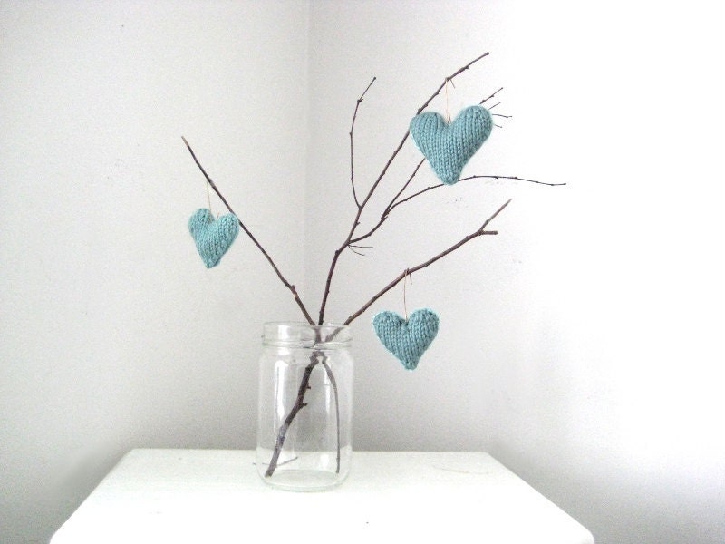 CLOSING SALE // Set of 3 Hearts: Hand Knit Decor Ornaments WITH Hangers - LunaCabCo