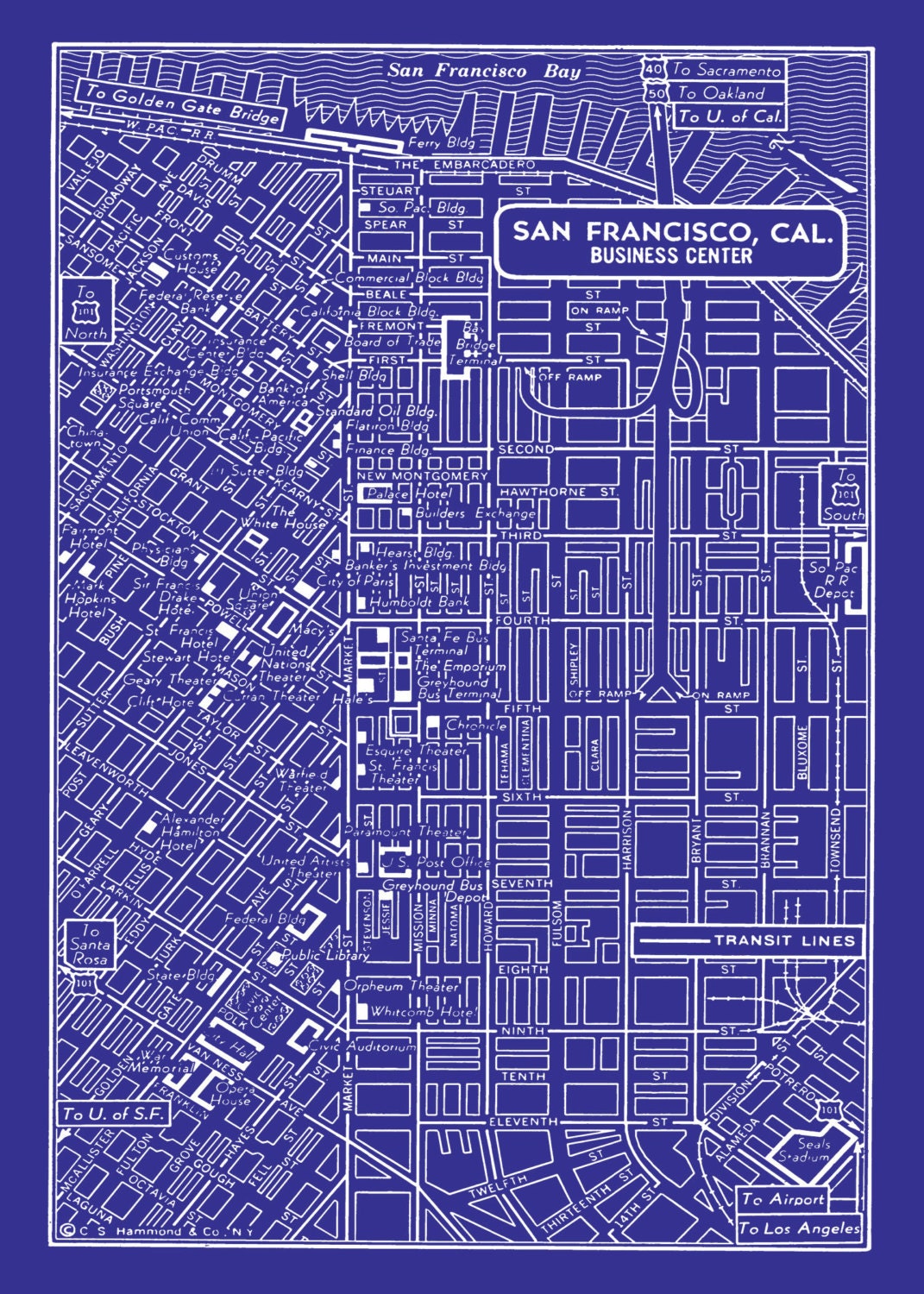 1949 Vintage Map Of Downtown San Francisco 11x17 By Seashoreprints