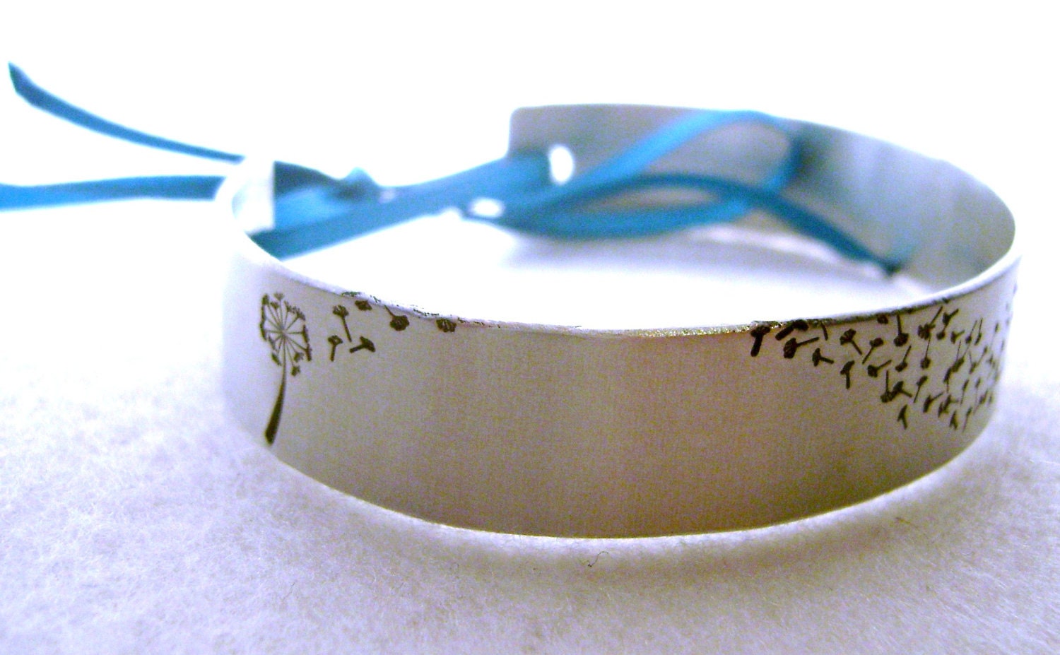 Dandelion and Fluff Metal Stamped Cuff Bracelet Bangle with Ribbon - MauveMagpie