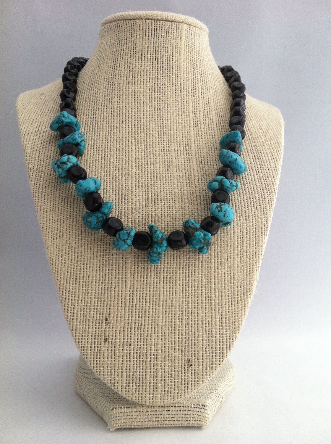 Turquoise Chunk and Black Beaded Necklace