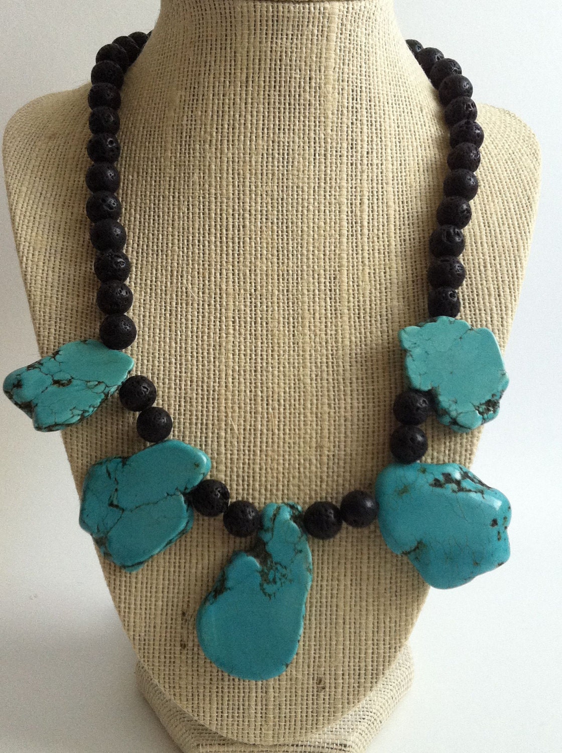 Turquoise Slices and Black Lava Beaded Necklace