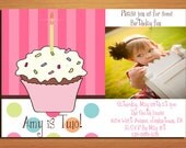 Customized Printable Hot Pink Cupcake Birthday Party Invitation Cards DIY
