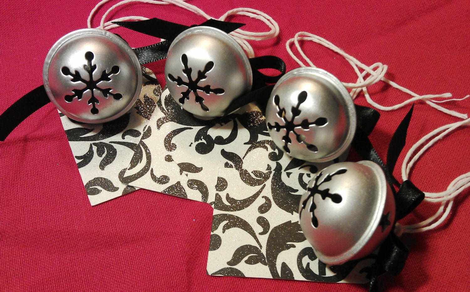 Holiday Gift Tags, 4 Black & White Ornate Silver Jingle Bell Gift Tags, Black Satin Bow, Hanging Gift Tags, Christmas Tags