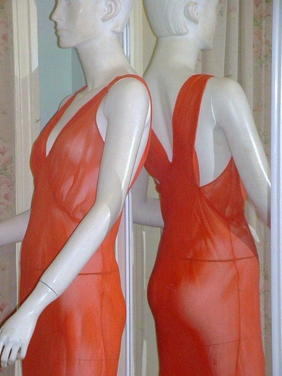 SALE 1930s Bias Gown Silk Crepe Coral Chiffon Sheer Lingerie Evening Dress Great Back