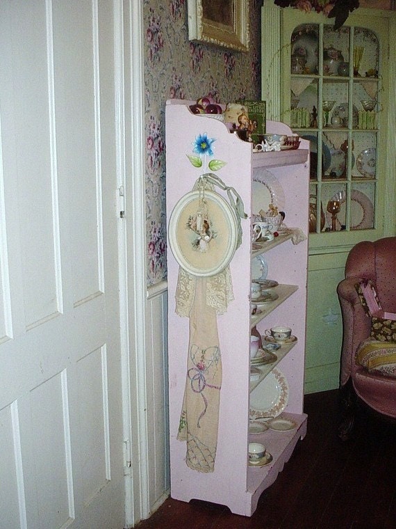 Antique Painted Pink Oak Bookcase Beadboard Back Original Shabby Cottage Chic Furniture
