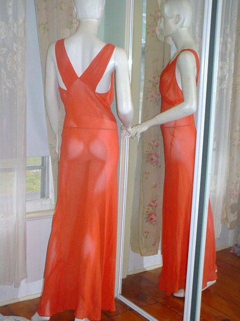 SALE 1930s Bias Gown Silk Crepe Coral Chiffon Sheer Lingerie Evening Dress Great Back