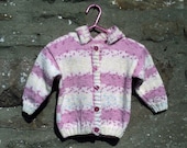 Hand knitted girls pink and yellow hooded cardigan / jacket. 20" chest.
