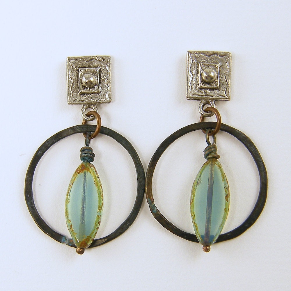 Large Hoop Earrings, Aqua Bead Earrings, Tribal Post Earrings, Brass Hoop Earrings, Rustic Mixed Metal Jewelry Under 25