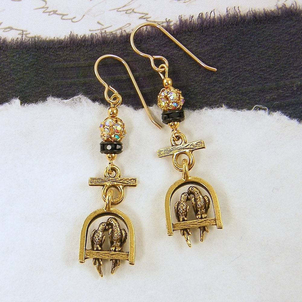Love Bird Earrings, Rhinestone Earrings, Romantic Gold Black Dangle Lovers Jewelry