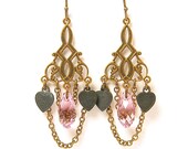 Pink Crystal Earrings, Pink Chandelier Earrings, Heart Earings, Chain Dangle Boho Earrings