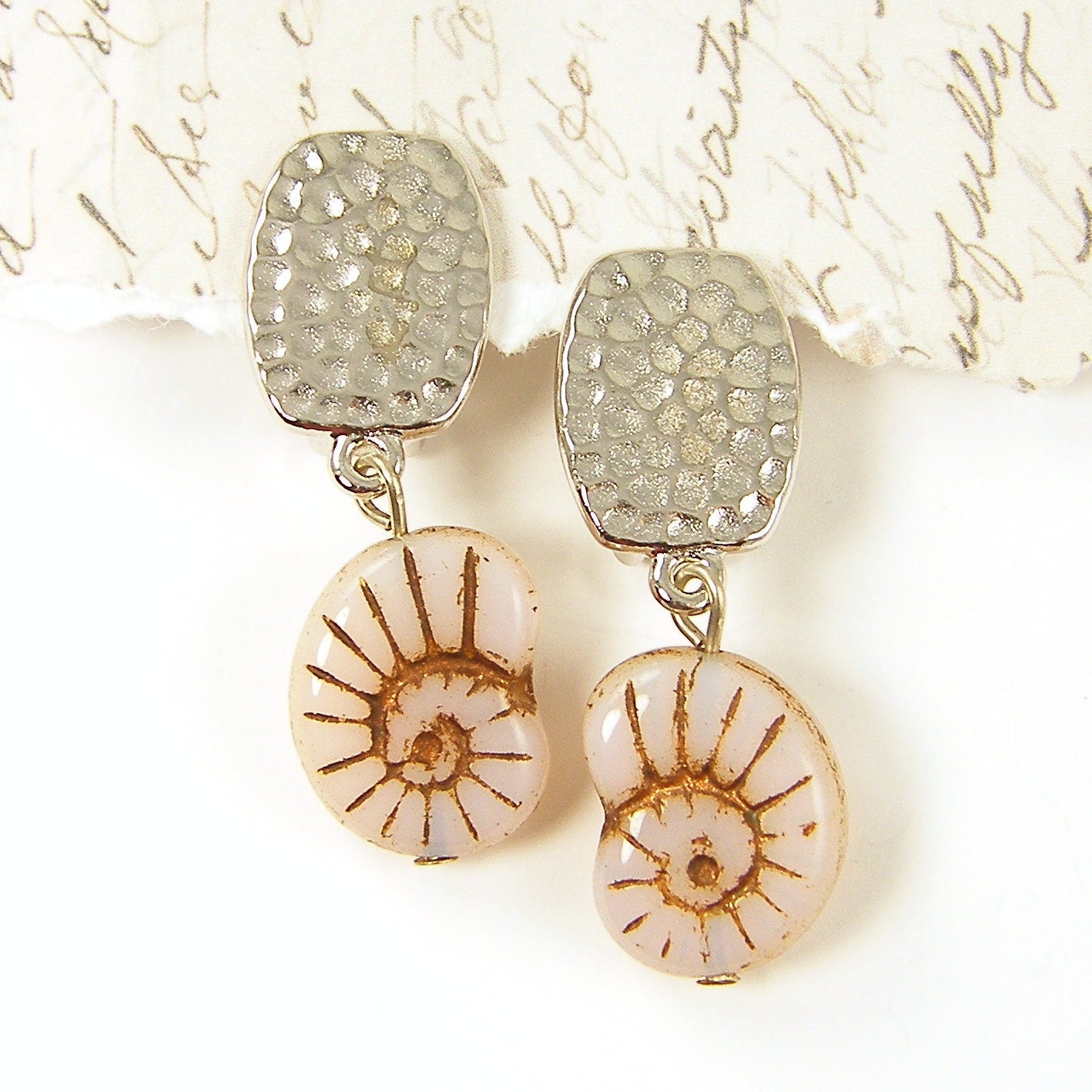 Lavender and Silver Clip Earrings, Lavender Nautilus Shell Clip Earrings