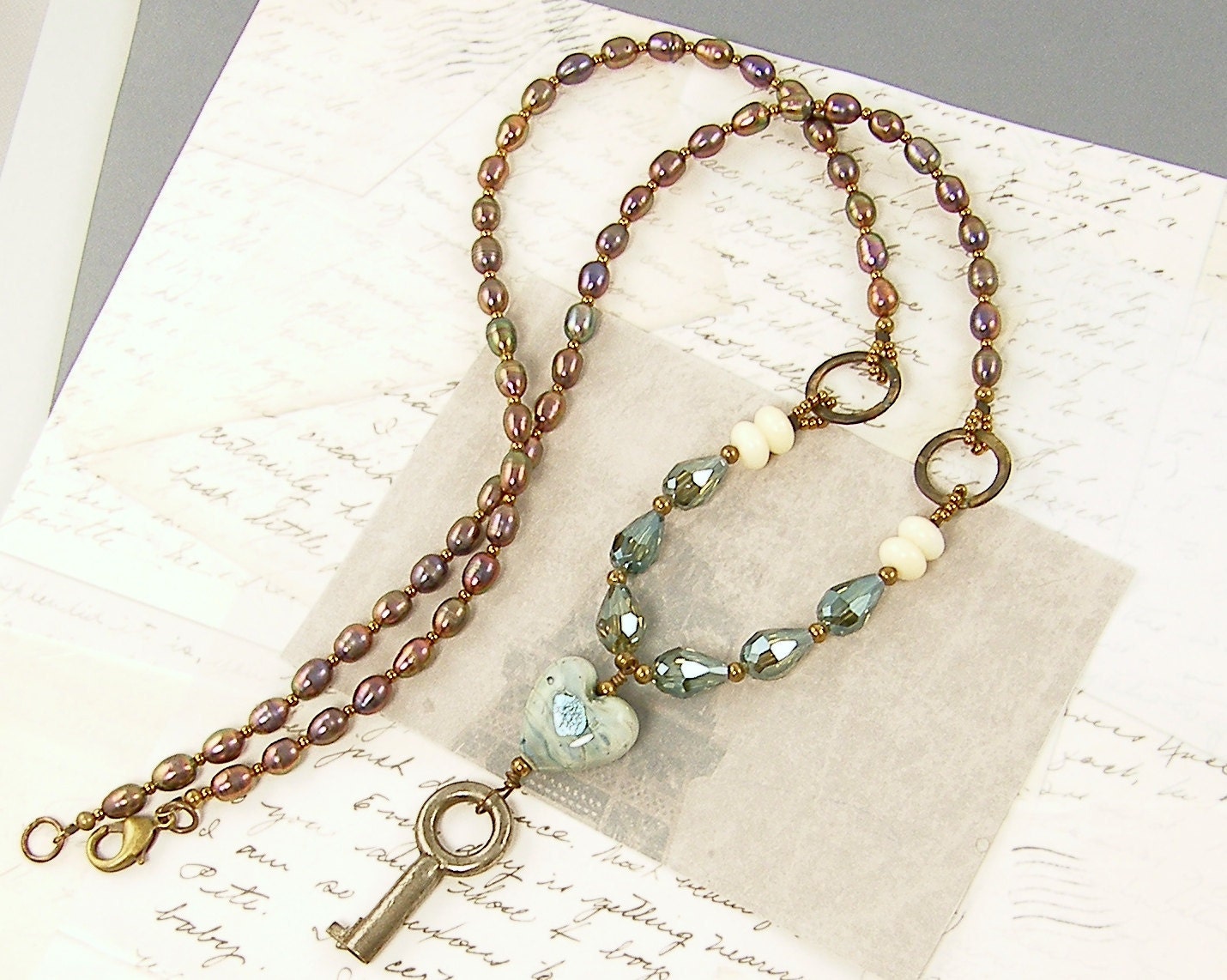 Heart Necklace - Vintage Key Aqua Seafoam Skeleton Key Long Pearl Rustic Jewelry