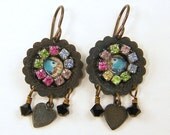 Bird Earrings with Rhinestone Crystal and Heart Dangles