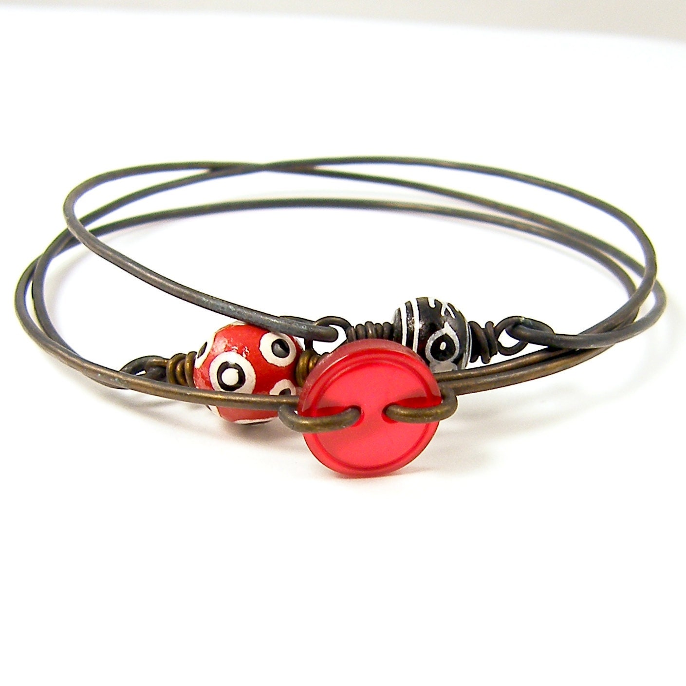 Stacking Bangles Red Black White Stacking Bangle Bracelets - Dark Brass Wire Red Button Polka Dot Bead Stackable Stacked Jewelry