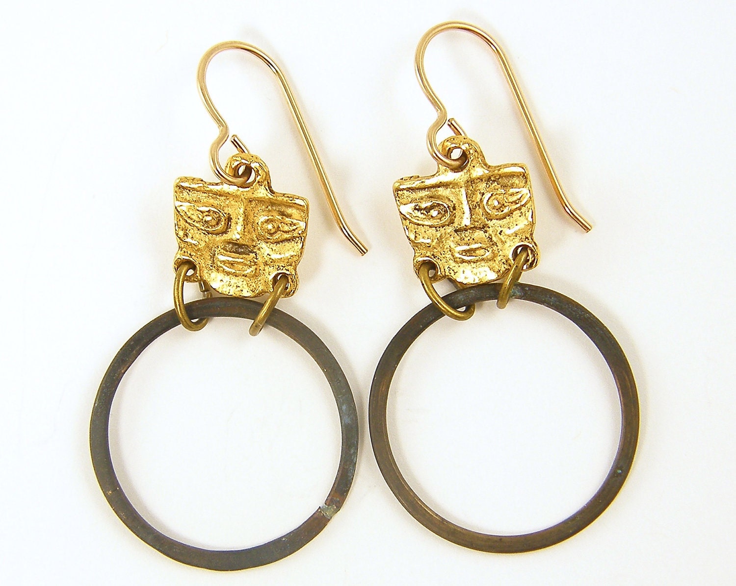 Tribal Hoop Earrings Ethnic Face Brass Circle Rustic Global Chic Jewelry Fashion Under 25 for Her