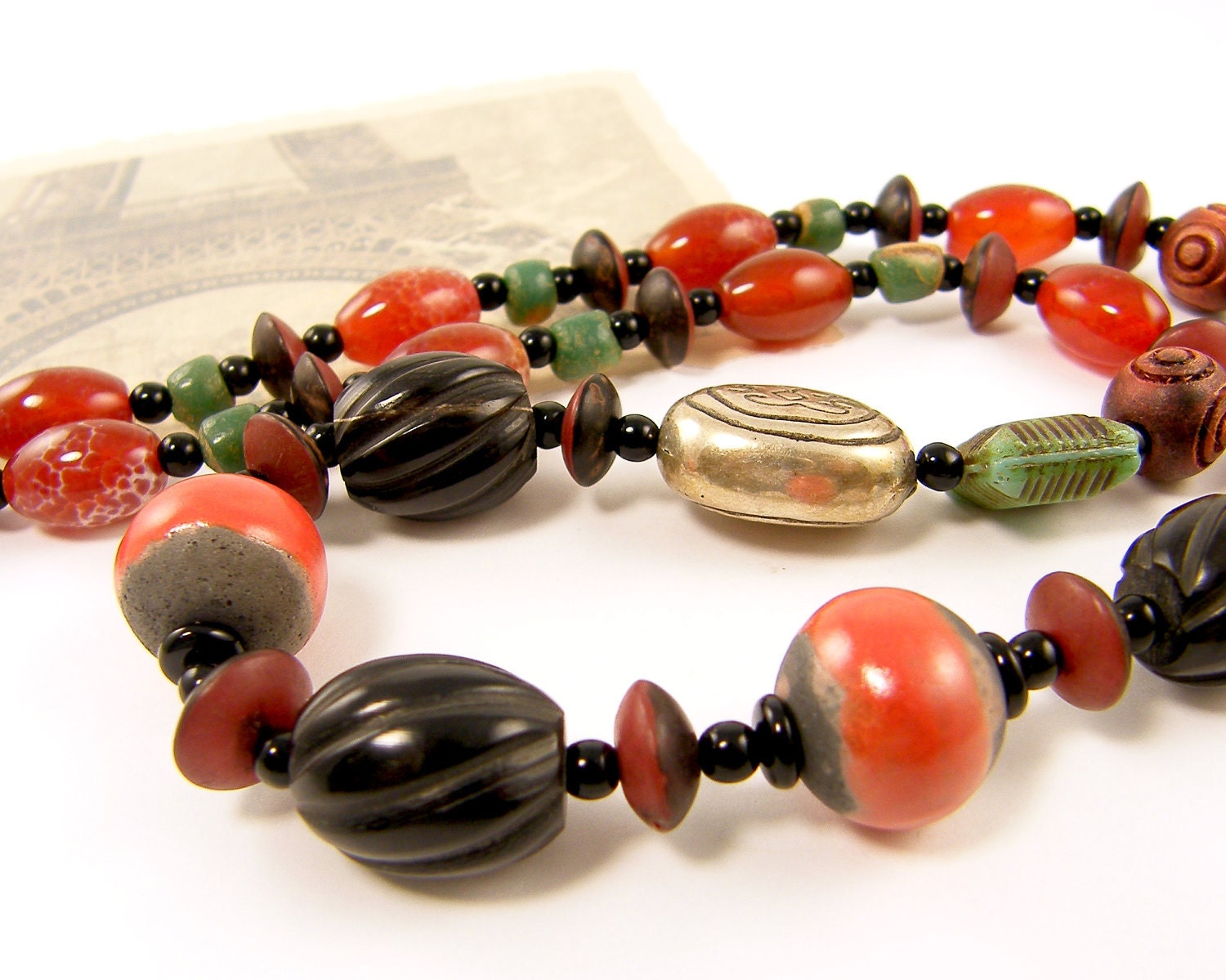Chunky Bead Necklace - Rust Black Green Gemstone Glass Seed Earth Tone Earthy Beaded Jewelry