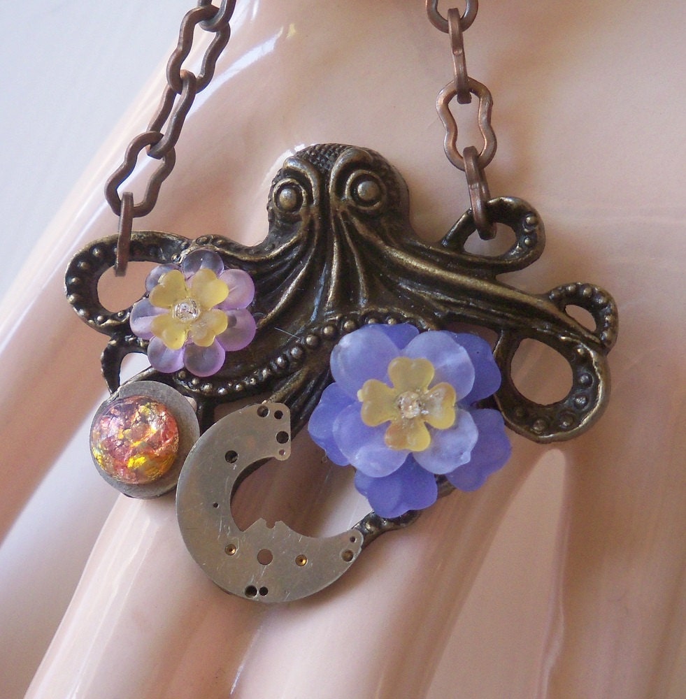Octopus Necklace Vintage Opal Watch Parts And Purple And Yellow Lucite Flowers Oxidized Brass Octopus Necklace Flower Power Octopus