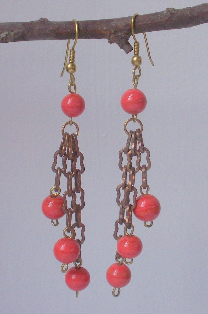 Vintage Chain And Coral Glass Long Dangle Earrings Handmade By VintageWrapture