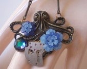 Octopus Necklace Vintage Swarovski Crystal Watch Parts And Blue Lucite Flowers Oxidized Brass Octopus Necklace Flower Power Octopus