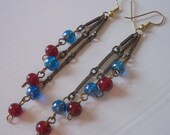 Upcycled Recycled Repurposed Vintage Cranberry And Blueberry Glass Bead And Chain Earrings Super Long Earrings Over 3 Inches Long