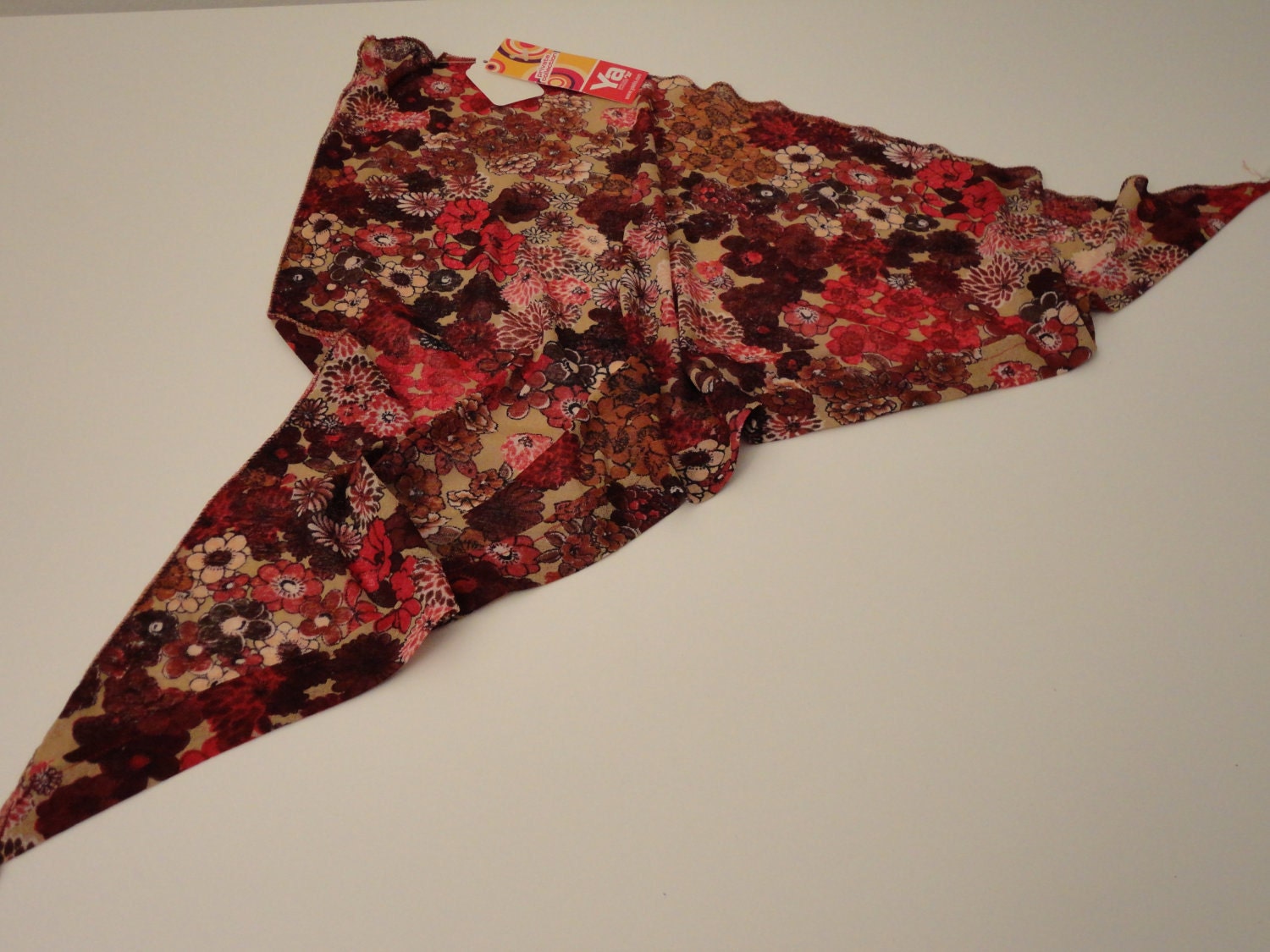 bandanna red, burgundy, and brown flowers on sheer beige