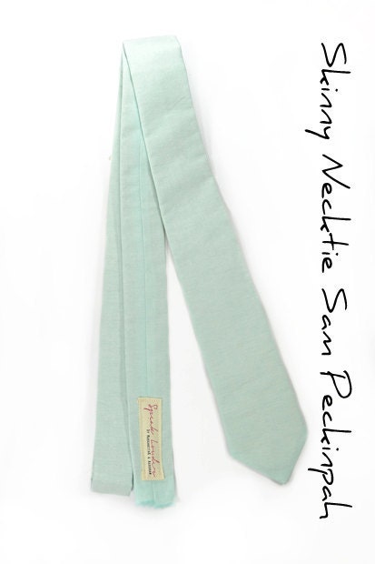 Wedding Mens Tie Skinny Necktie Sam Peckinpah- Laid-Back necktie- Blue seafoam chambray