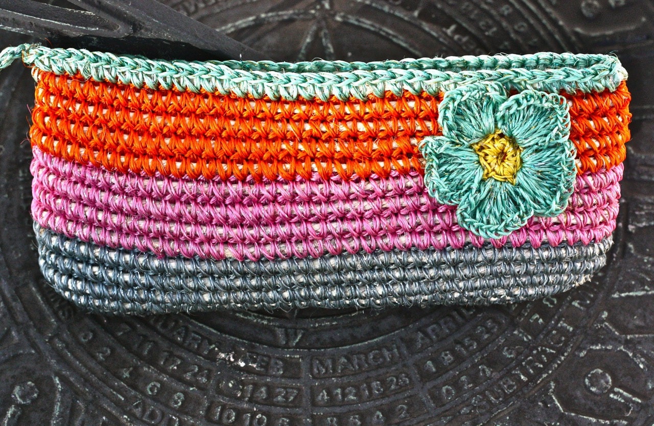 Wristlet: Pastel Orange, Pink Gray Stripes with Flower