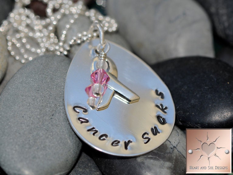 Hand Stamped - Custom - Sterling SIlver Tear Drop Necklace - "Cancer Sucks"