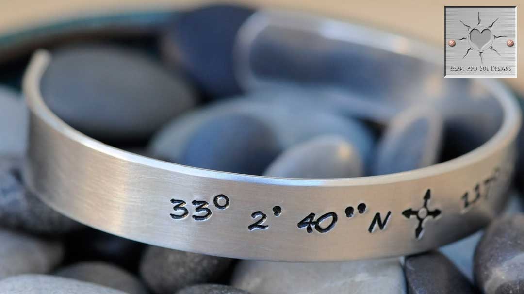 Hand Stamped Bracelet - Personalized Custom Aluminum Cuff - Latitude and Longitude