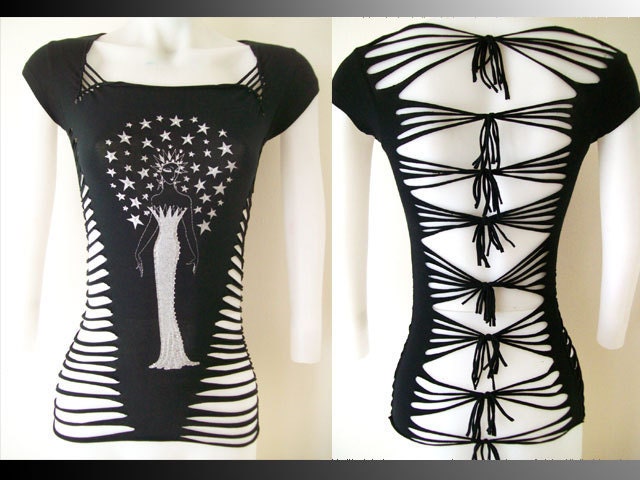 Juniors / Womens Black Top "Star Goddess" Special Cut Shirt Series with Rhinestones, Size Small, Medium, Large, XL, 2xl, 3xl Shredded T