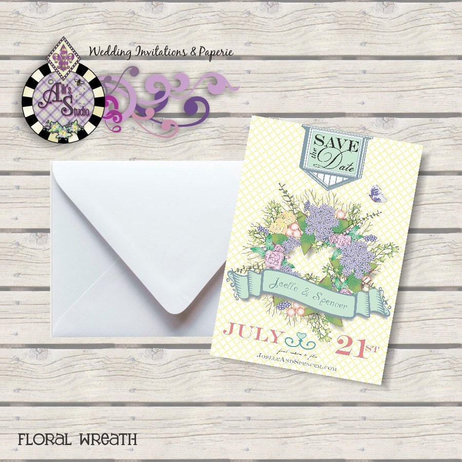 Shabby Chic Save the Date Floral Wreath 5x7 Announcement, Linen