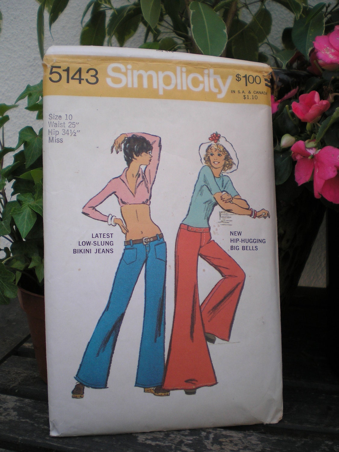 Vintage Simplicity 5143 1973 Hip Huggers Big Bells Bikini Jeans Sz 10 Sewing Pattern
