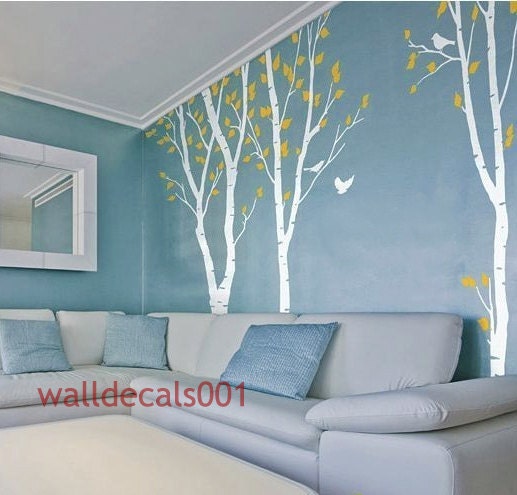 wall decal- Birds in Birch Forest -Set of 3 100in Birch Trees