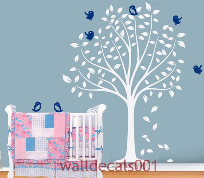 Kids Wall Decals wall stickers white tree decals baby decals murals wall art nursery decals wall decor - Birds Flying around the Tree