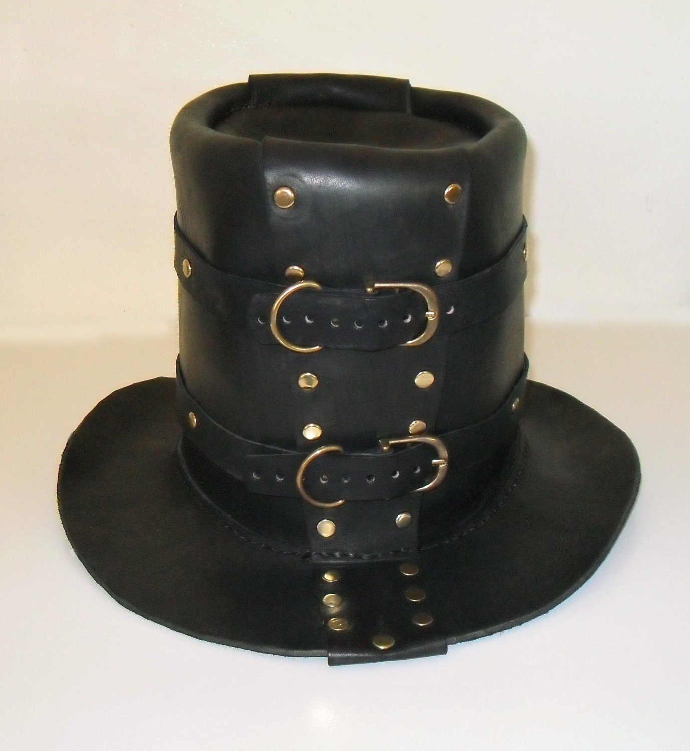 Items similar to Leather top hat with brass buckles and fittings on Etsy