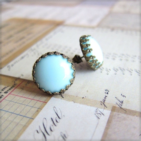 Light Blue Studs Baby Blue Earrings Stud Post Vintage Crown Setting Cabochon Dome Button Stud Earrings Robin Egg Blue Earrings