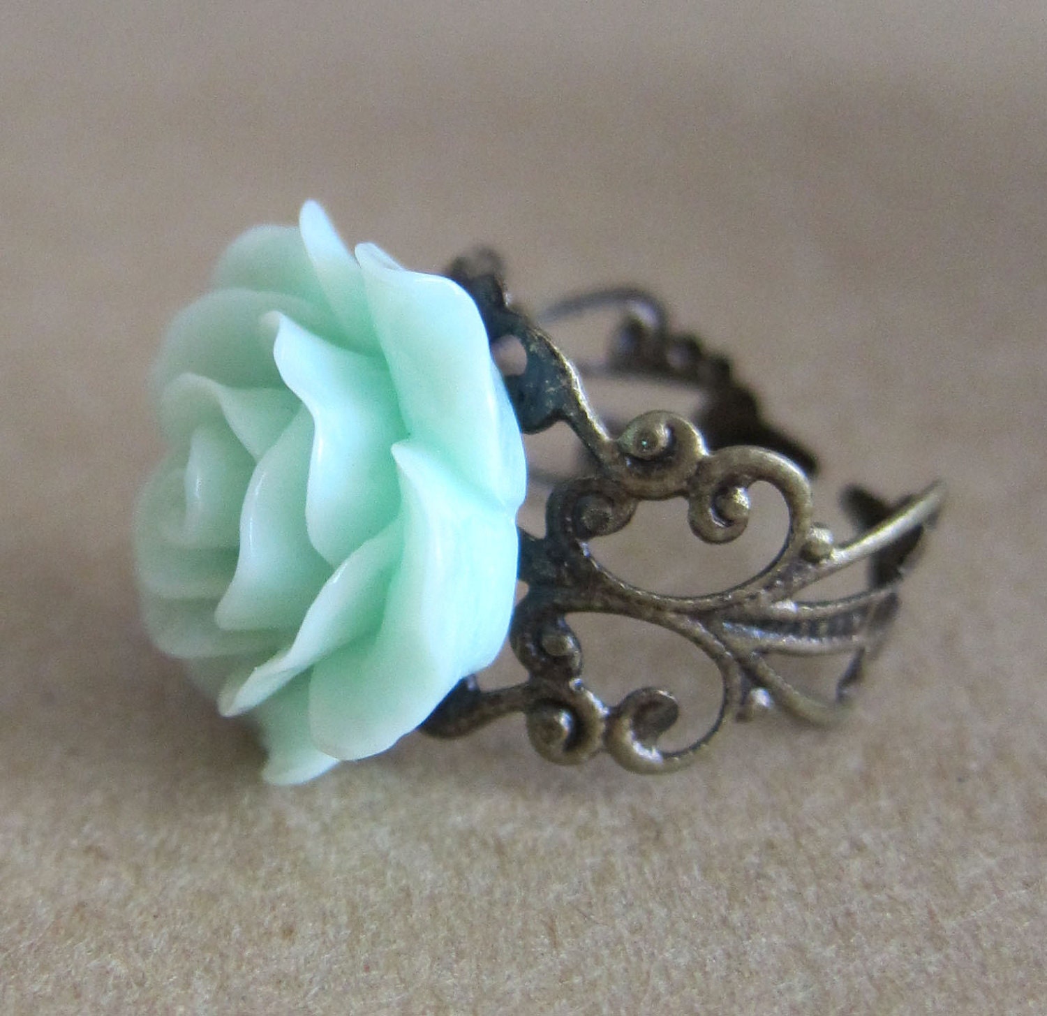 Mint Floral Ring Mint Rose Ring Mint Green Rose Ring Antique Filigree Ring - L'Amour - Antique Brass Filigree
