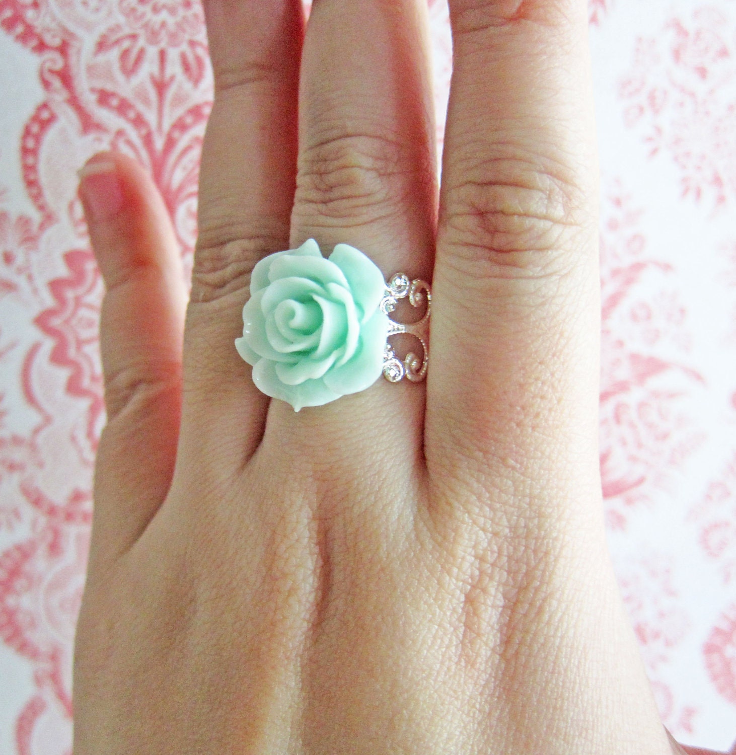 Mint Floral Ring Mint Rose Ring Mint Green Rose Ring Antique Filigree Ring - L'Amour - Antique Brass Filigree